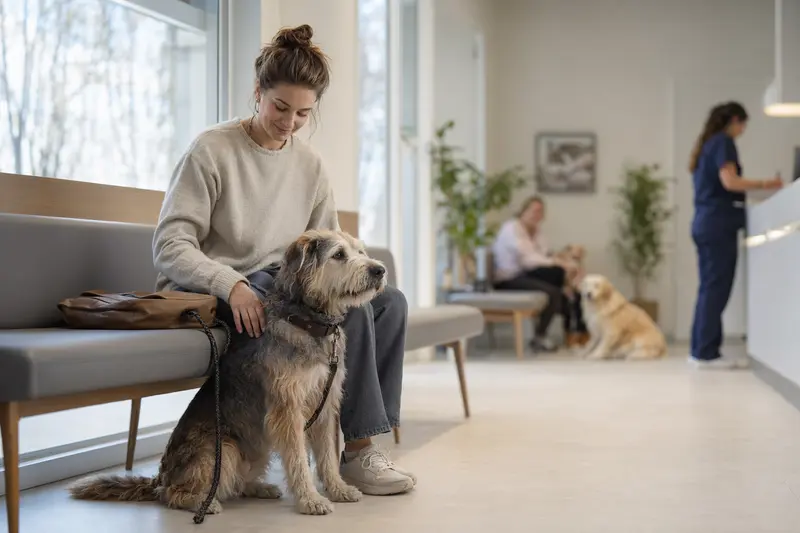 Ein Chortaj Hund sitzt ruhig neben seinem Besitzer im hellen Wartezimmer einer modernen Tierarztpraxis.